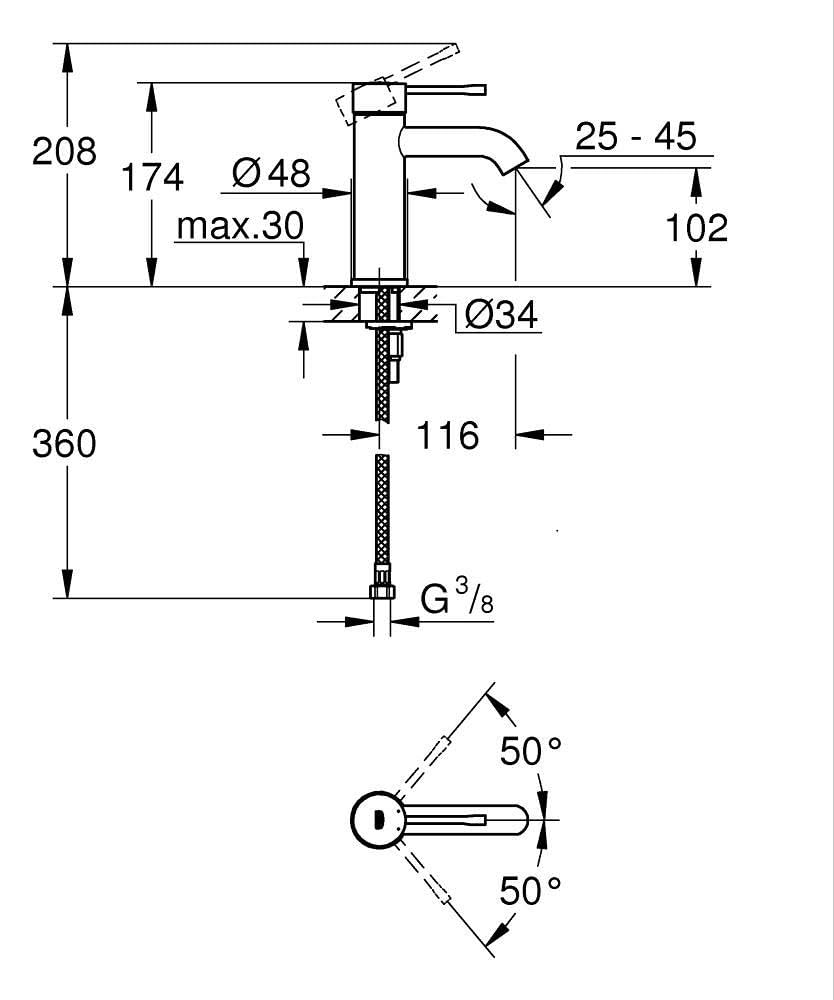 GROHE Essence Mitigeur de Lavabo Corps Lisse, Taille S (208 mm, Levier Métal, Cartouche Céramique 28 mm, Économie d’Eau, Flexibles 3/8"), Noir Mat, 235902431
