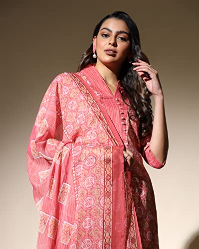 Image of Leriya Fashion Women's Kurta Pant Dupatta Set || Cotton Blend Abstract Leaf Printed Kurti Pant Dupatta Pair || Flattering Front Placket Neck Design || for Outing || Regular Wear