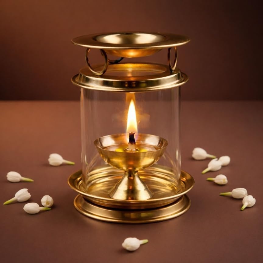 ServDharm Brass Camphor Diffuser Burner | Aroma Incense Burner | Kapoor Dani Brass Akhand Diya for Pooja with Borosilicate Glass Cover | Essential Oil Camphor Burner for Home Mandir | 4", 20 ml
