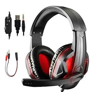 Diswoe Gaming Headset voor PS4 Xbox One PC, 3,5 mm LED Gaming Hoofdtelefoon met 7.1 Stereo Surround Sound, Noise Cancelling Mic, PS4 Headset met Mute&Volume Control voor Mac, Laptop, Nintendo Switch Games Rood1