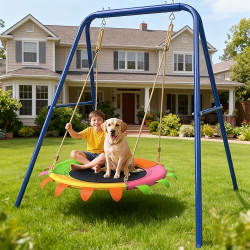 Image of 40 inch Saucer Swing with Frame for Kids Outdoor, 440lbs Swing Set with Heavy Duty Metal Stand, Outdoor for Toddler and Kids 3-8 Backyard