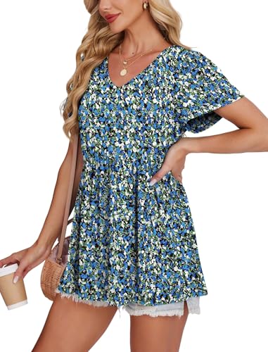 Image of OFEEFAN Womens Summer Tops Babydoll Short Sleeve Shirts Puff Sleeve Peplum Tops V Neck T Shirts