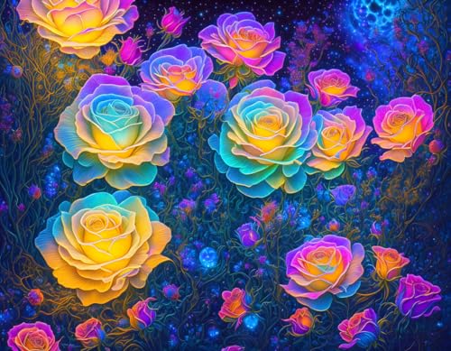 Toile murale bleue roses bioluminescentes Meechi 50x70 cm