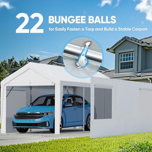 Image of ADVANCE OUTDOOR Carport Replacement Window Sidewall 10 /12x20 ft, Heavy Duty Waterproof & UV Protected, Easy Installation with Ball Bungees, White, One Sidewall Only