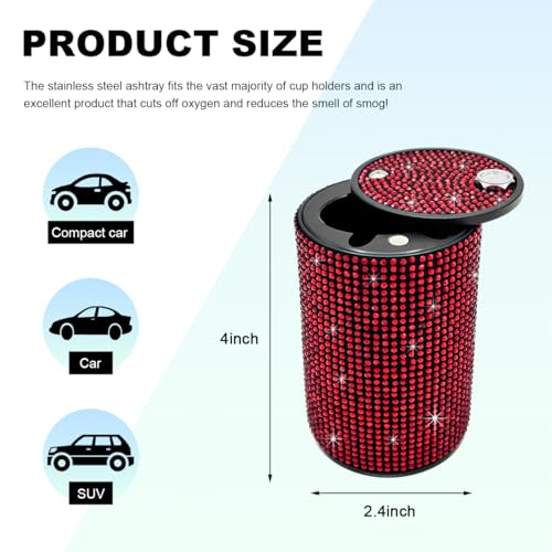 Image of Car Cigarette Ashtray with Lid, Stainless Steel Bling Crystal Diamond Smokeless Fireproof Vehicle Ashtray Holder, Portable Sparkling Ashtray Cup Holder for Car Home Office (Red)