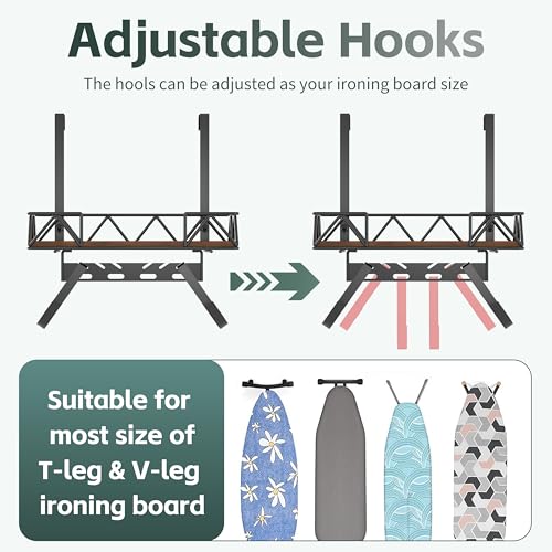 Ironing Board Hanger Wall Mount, Over The Door Ironing Board Holder, Metal Frame Storage Shelf with Adjustable Hooks fit T&V Shaped Space Saving for Laundry Room Decor Organization and Storage
