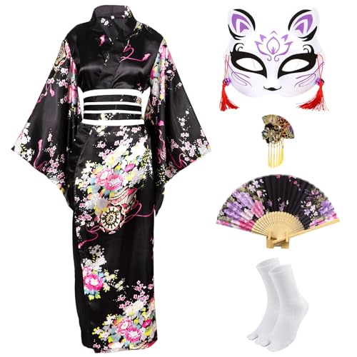 CRFASIBE 5 Piezas Kimono Tradicional Japonés Mujer, Kimono con Estampado Floral, Japonesa Geisha Yukata Disfraz, Conjunto de Disfraces para Cosplay con Accesorios (Negro)