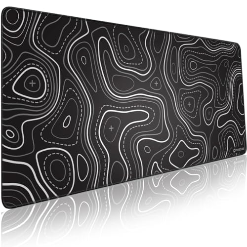 Image of Pixiecube Minimalist Topographic Map Mouse Pad - Contour Extended Large Stitch Edge Mousepad. Black & White Non-Slip XXL Gaming Desk Mat