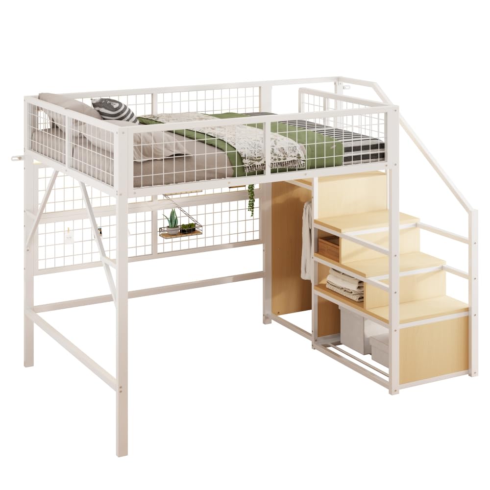 I0I&I0I Cama de metal de hierro para niños y jóvenes con tiras de luz LED, escalera con espacio de almacenamiento, armario abierto, color negro, versátil 193 (blanco + metal + 140 cm x 200 cm)