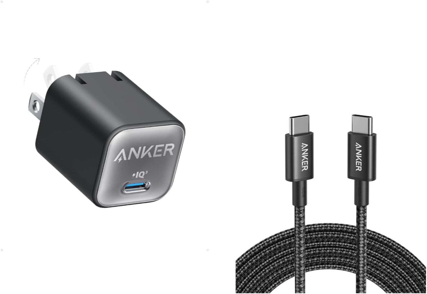 Anker Nano Charger, USB C GaN Charger 30W, PIQ 3.0 Foldable PPS Fast Charger, USB C Cable, Type-C Charging Cord Fast Charge(10FT,100W)