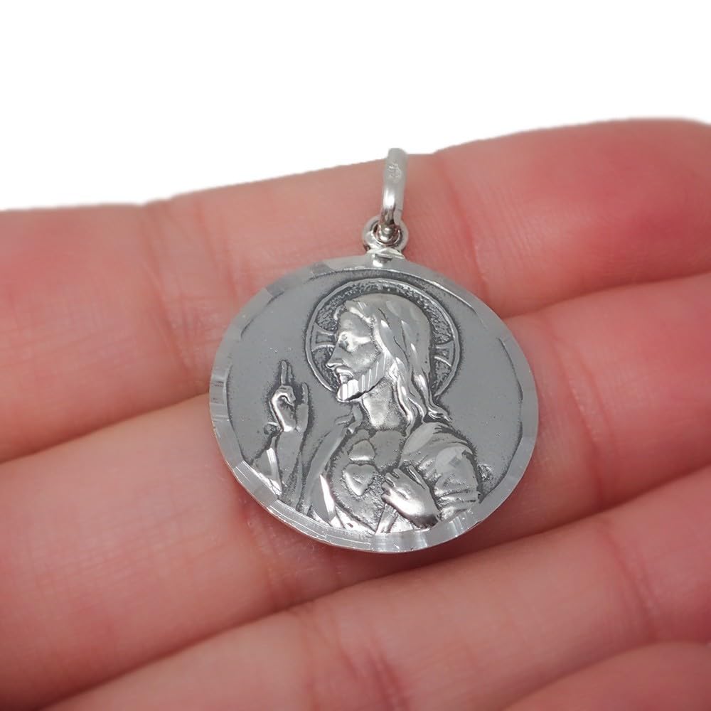 Escapulario Corazón de Jesús Virgen del Carmen Medalla Plata Ley 925m unisex 23 mm. macizo tallada