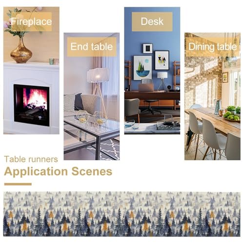 Image of Watercolor Forest Table Runner,Nature Landscape Forest Mountains Rustic Dining Table Ruuner Home Kitchen Party Living Room Table Decoration 13x72 inch