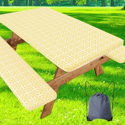 Image of misaya Picnic Table Cover with Bench Cover, Waterproof Elastic Fitted Tablecloth for 8 Foot Tables, Rectangle Washable Polyester Tablecloths for Picnic, Camping, Outdoor (Yellow, 30 inch x 96 inch)