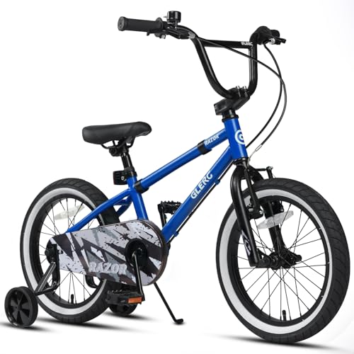 Image of Glerc Razor 16 Inch Kids Bike for 4 5 6 7 Years Old Boys BMX Style Bicycle with Kickstand & Safety Bell & Removable Stabilisers, Blue