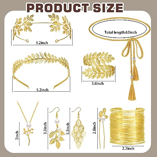 JenPen 15 Pcs Greek Goddess Costume Accessories Set Golden Laurel Leaf Crown Upper Arm Cuff Coil Bracelet Hair Headpiece Artificial Leaf Drop Earrings Necklace Toga Waist Belt for Women (Elegant)3