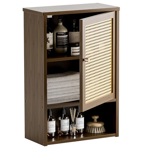 HITNET Armoire Pharmacie Murale, Meuble Suspendu en Rotin avec Étagères et Portes,Organisateur de Rangement en Bambou pour Bureau à Domicile, Noyer