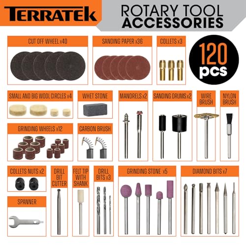 Terratek Corded Rotary Tool 120Pc Accessory Set, 135W Variable Speed 8000-33000RPM, Ideal for DIY Projects, Woodwork, Hobby Craft & Dremel Multi Tool Compatible 5 Terratek Corded Rotary Tool 120Pc Accessory Set, 135W Variable Speed 8000-33000RPM, Ideal for DIY Projects, Woodwork, Hobby Craft & Dremel Multi Tool Compatible - Image 5
