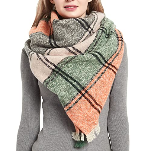 Aodafei Dreieck Schal Damen für Frühling Winter,Großer Schals & Tücher für Damen,Weich Warm Schal Poncho Damen Wrap Cape Frauen,Dreieckstuch Damen Kariert Schal Orange Grün Cover