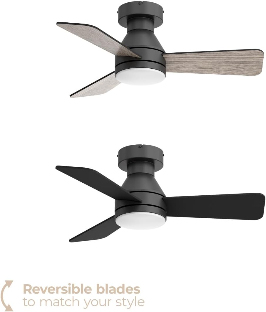 Aero 32in 3-Blade Smart Flush Mount Fan 2700K-6000K CCT Tunable Range LED Light Kit with Remote Control and Black Hardware with Reversible Blades Weathered Wood or Black Works With iOS or Android App