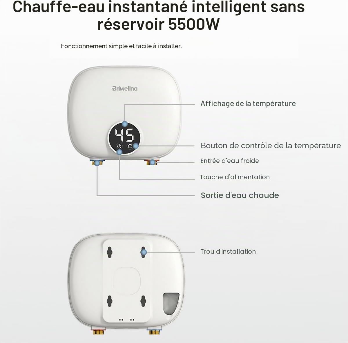 Chauffe-eau électrique instantané 5,5 kW 220 V, affichage numérique pour cuisine, salle de bain, comptoir, intérieur