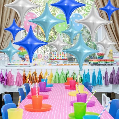 Image of Blue Silver Star Balloons,12Pcs Four Angle Star Foil Balloons | 26Inch and 10Inch Blue Silver Quadrangle Star Helium Balloon for Birthday Baby Shower Wedding Party Decorations