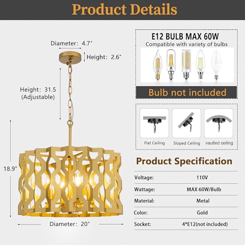 Wellmet Modern Farmhouse Gold Geometric Chandelier,Industrial 4-Light Metal Pendant Ceiling Light Fixture, Open Cage Hanging Lamp for Dining Room, Living Room, Bedroom, Entryway by Wellmet - Image 7