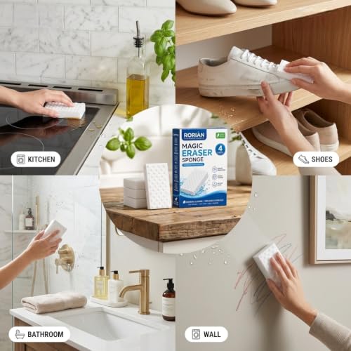 Image of RORIAN Magic Eraser Sponge, Textured Melamine Foam Cleaning Sponge, Non-Scratch Multi-Surface Cleaner for Wall, Sink, Bathroom /Kitchen Surfaces and Shoe Stain Removal (Pack of 4)