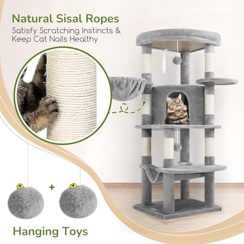Globlazer Árbol Rascador para Gatos con 90° Sectores Grandes Plataformas Acolchada Nidos Cesta Suave Hamaca, Árbol Rascador Alto 130 cm Estable Adapta Esquina para Gatos Grande (C51, Gris Claro) - imagen 7