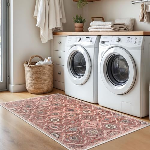 KILOCOCO 3x5 Moroccan Super Soft Area Rug Washable Living Room, Vintage Floral Rug Indoor Non-Slip, Print Faux Wool Accent Indoor Entryway Rug for Laundry Room Playroom Office, Terracotta