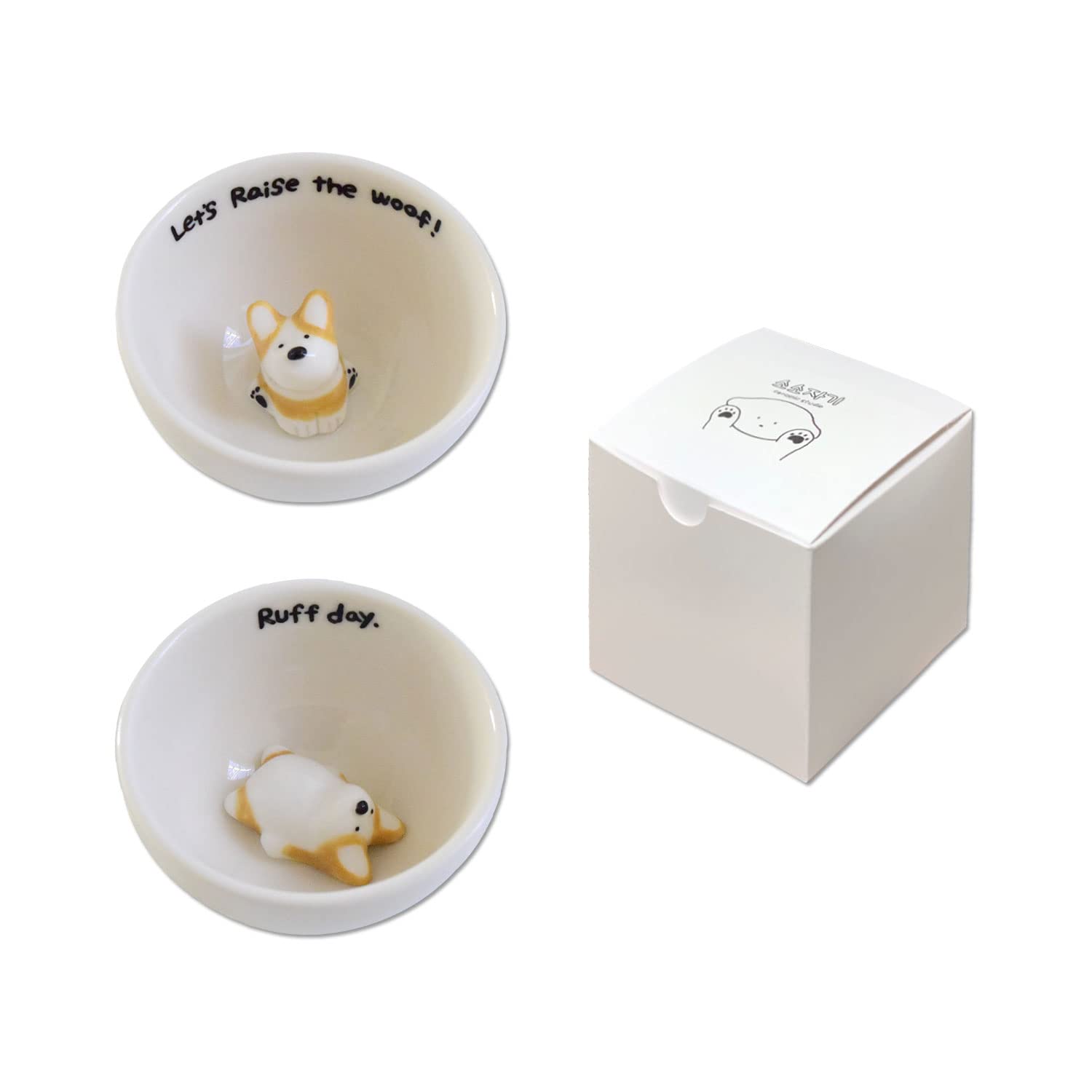 Cute Kawaii Sake Cups Shot Glasses, Set of 2 with Gift Box (Welsh Corgi) - Funny Animals Dog Handmade Ceramic Pottery Porcelain Gifts Teacup Tea Mug Sets for Tequila Soju Liquor Espresso Kitchen Décor - 
