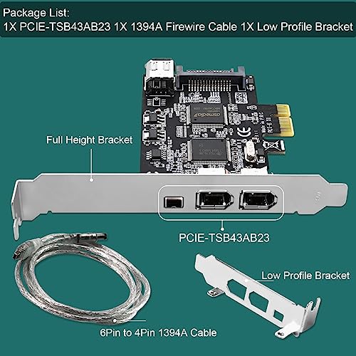 Image of 4-Ports PCIE 1394A Firewire 400 Card for Windows OS and MAC OS PCs, TI TSB43AB23, 3X 6Pin and 1X 4Pin 1394A Interface, with 4Pin to 6Pin 1394A Cables and Low Profile Bracket (PCIE-TSB43AB23)