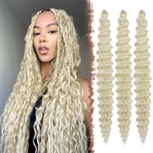 FESHFEN Ocean Wave Crochet Extension   Pelo Crochet Rizado Natural Deep Wavy Hair Extensions de Cabello Rubio Claro Sintético Trenzas Postizas para Mujeres, 55 cm 3 Piezas