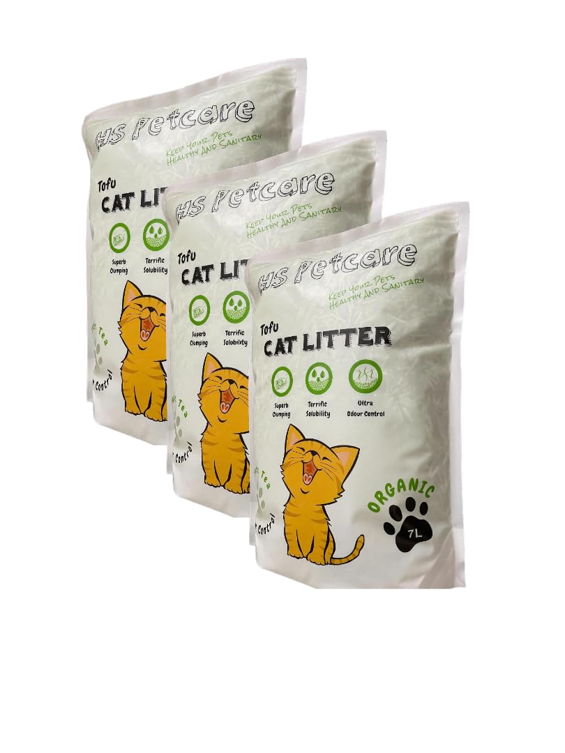 HS Petcare Organic Tofu Cat Litter Original Scent, Ultra clumping, Great odour control, Flushable reduce waste, Long lasting Dust free (Pack of 3 (21L), Green Tea/Matcha)