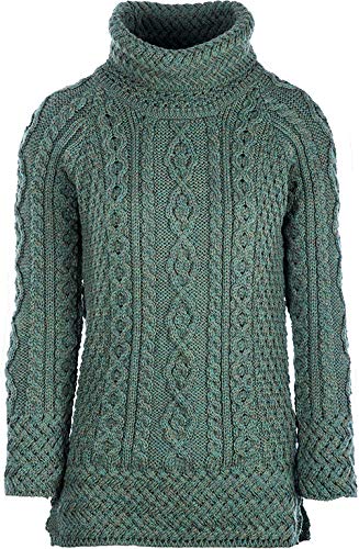 Aran Woollen Mills - Carraig Donn Ladies Vented Roll Neck Merino Wool Jumper (Connemara Green, Xx-Large) #TOP1