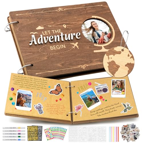 CY2SIDE Travel Photo Album Scrapbook - 111PCS Let The Adventure Begin Wooden Travel Scrapbook Craft Kit Traveling Diary Photo Book DIY Handmade Souvenir Gifts for Adventure Lovers Heartfelt Present