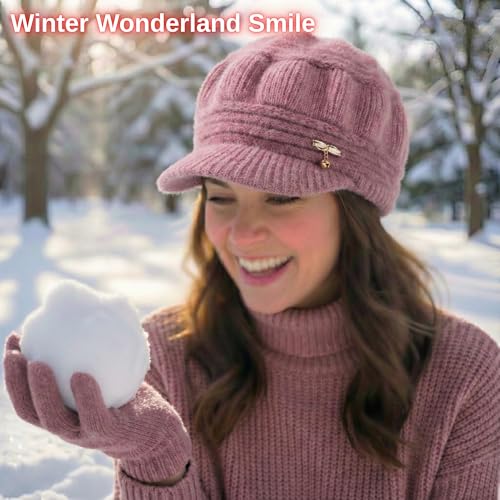 Image of Kraptick Women's Winter Knit Visor Beanie Hat with Soft Fleece Lining, Stylish Woollen Slouchy Warm Cap for Ladies, Snow Sun Shield Knit Cap for Winter -2
