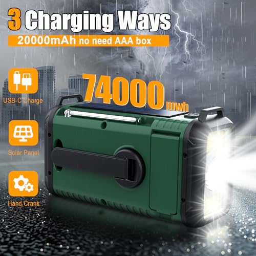 Emergency Weather Radio, 20000mah NOAA/AM/FM Solar Radio, Hand Crank Radio with USB Charging, Rechargeable Battery Powered, SOS Alarm, LED Reading Lamp & Flashlight for Emergencies Indoor Outdoor