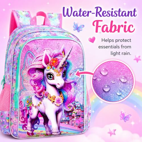 Image of HPJGD 3PCS Unicorn Backpack, Water Resistant Girls Bookbag Set with Lunch Box,Cute Kids Elementary School Bag for Preschool Toddler