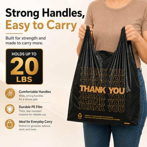 Image of YoYoRain 1000 Count Black Thank You T-Shirt Bags, 11 x 6 x 21 in