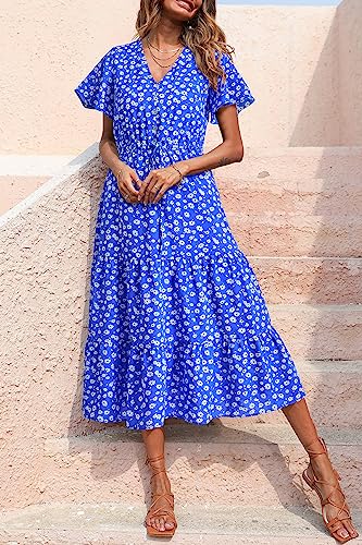 PRETTYGARDEN Summer Floral Dress for Women 2025 Casual Boho Short Sleeve Maxi Dresses V Neck Tiered Flowy Beach Sundress