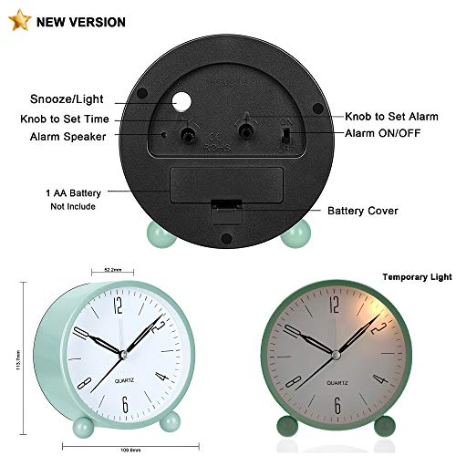Tearoo Analog Alarm Clock, 4 Inch Round Alarm Clock Non Ticking, Battery Operated And Light Function, Super Silent Alarm Clock, Simple Stylish Design For Desk/Bedroom #TOP6