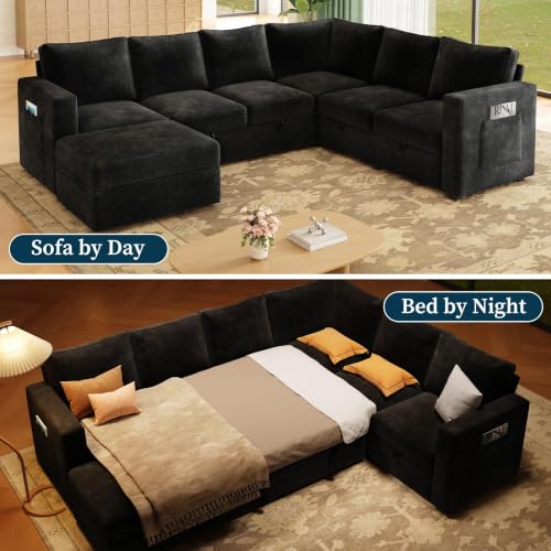 Image of 106.7 inch Chenille Sectional Sleeper Sofa, Pull Out Couch with Storage, Black | 7 Seat Comfy Couches for Living Room, Apartments, or Guest Spaces; Sectionals Modular Sofa Design, Comfortable Seating.