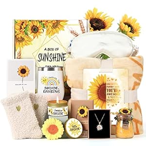 Sending Sunshine Gift, 11Pcs Sunflower Gifts for Women, Care Package, Birthday Gifts Box, Get Well Soon Gifts Basket Thinking of You Gift for Women, Friend, Sister, Mom with Inspirational Blanket
