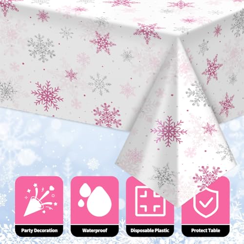 Image of Labeol 3 Pack Christmas Tablecloth, 108 x 54 inch Pink Snowflake Tablecloth for Table Decorations, Waterproof Disposable Plastic Rectangle Table Cover for Christmas Winter Holiday Party Supplies