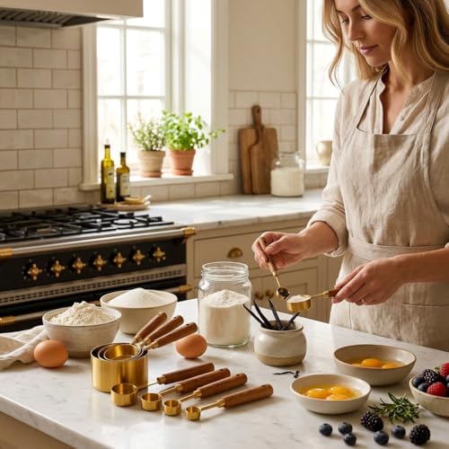 Image of Gold Stainless Steel Measuring Cups and Spoon Set | Wooden Handle Measuring Spoon Scoop Set | Measuring Cups and Spoons Set | Baking Utensils