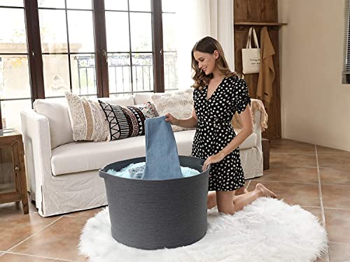 Image of ALBY Newyork'Woven Laundry Hamper, Toy Storage Bin, for Blankets Clothes Toys Pillows in Living Room, Baby Nursery, Jute /Black Mix (12'' x 12'' x 8'' Large, Black)