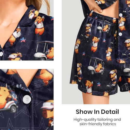 Image of Funny Pajamas for Women Set Print Satin Loungewear Pjs Short Sleeve Button Down Top and Shorts Sets Sleepwear XS-3XL