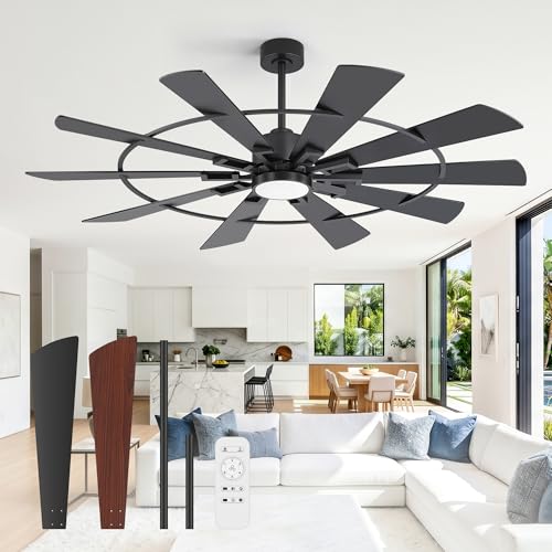 ZYD 62 Inch Ceiling Fans with Lights and Remote Large Windmill Style Ceiling Fan 6-Speed Quiet Reversible DC Motor 3CCT Black Fan for Living Room Patio Great Room