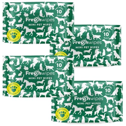 freshWIPES Pet Cleaning Wipes 4 Mini Packs - Vet Approved - Biodegradable & Odour Removing Wet Wipes for Dogs & Cats - Lavender & Mint Scent - Body & Paw Cleaner - Thick & Moist Dog Wipes