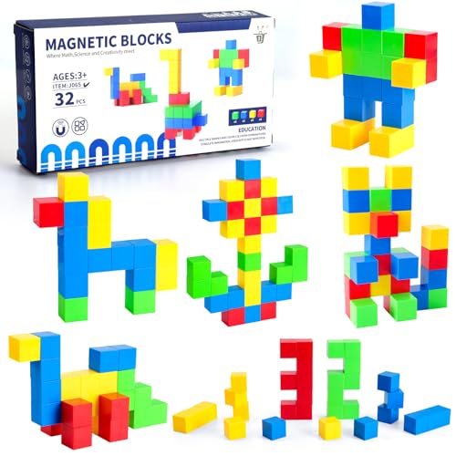 Coicok Magnetische Bausteine Blöcke für Kinder, 32 Stück Magnetbausteine Kinderspielzeug Puzzlebaustein Bausteine Spielzeug, Magnetwürfel Geschenke Geeignet für Jungen und Mädchen ab 3 Jahren